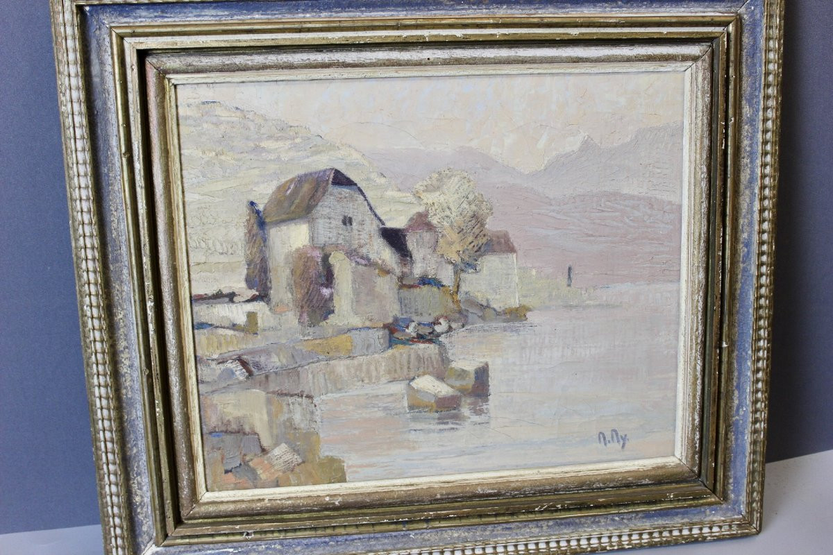 Oil On Canvas Lakeside In The Mountains By M. My-photo-6