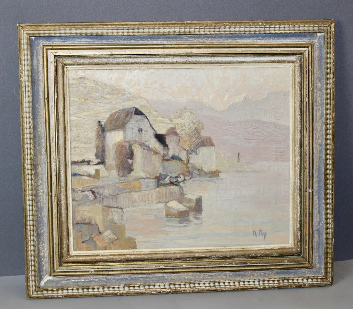 Oil On Canvas Lakeside In The Mountains By M. My