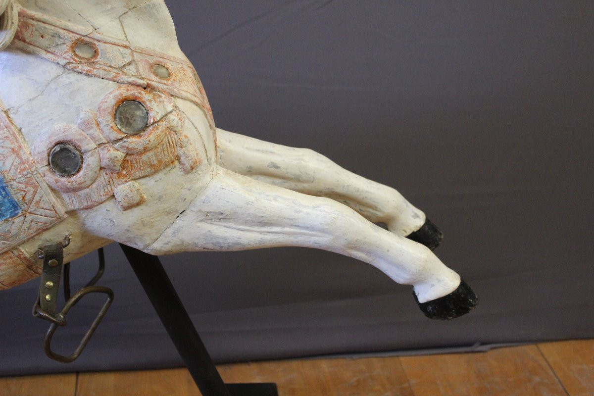 Carousel Horse In Polychrome Carved Wood, Late 19th Century-photo-3