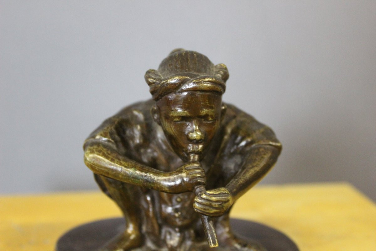Indochinese Bronze Depicting A Flute Player Circa 1900-photo-2