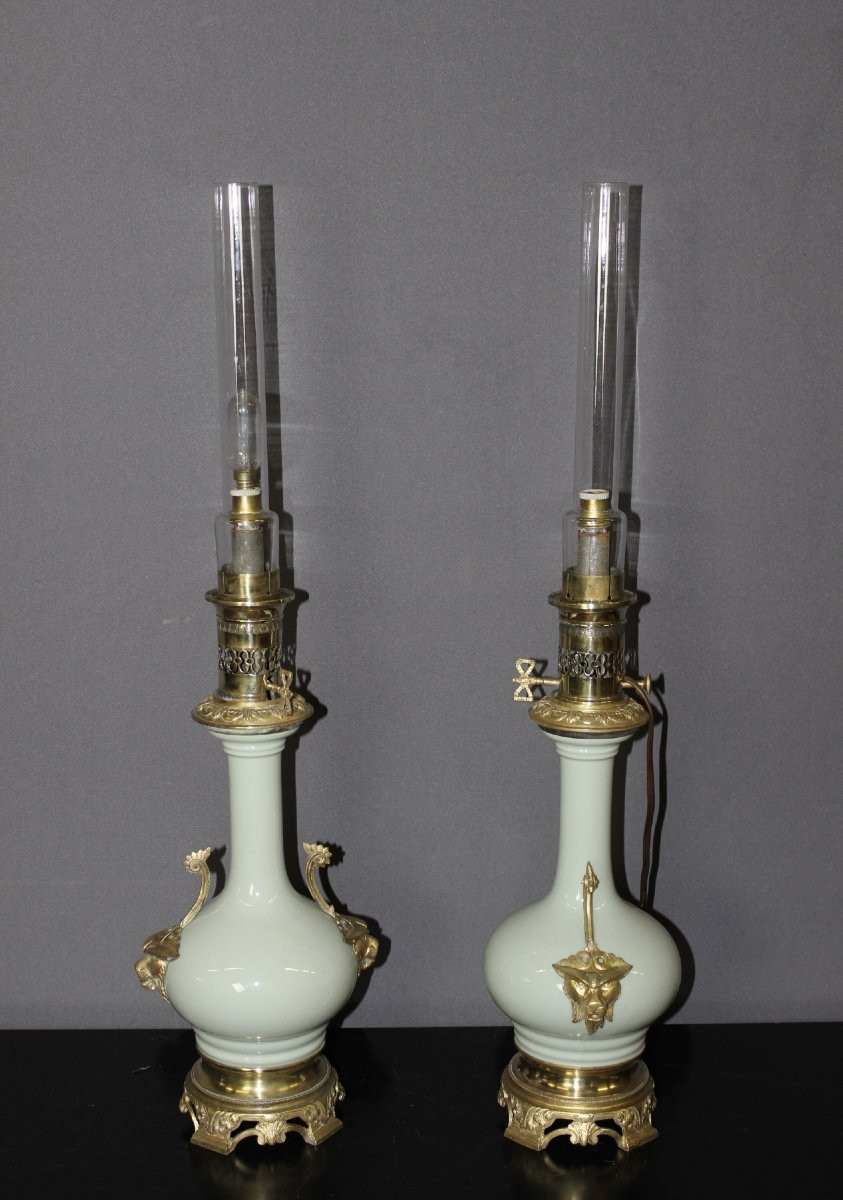 Pair Of Porcelain And Bronze Oil Lamps From The Late 19th Century-photo-7