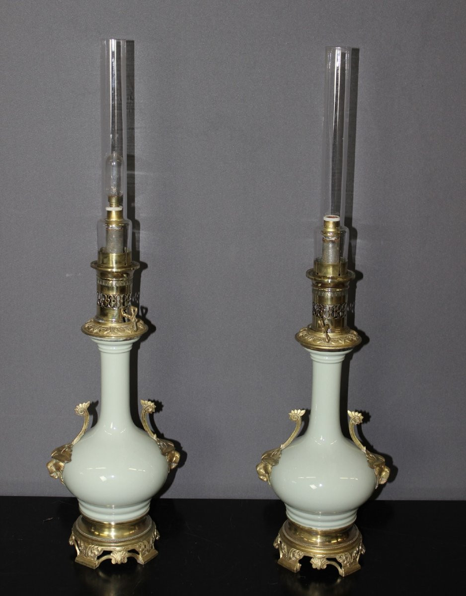 Pair Of Porcelain And Bronze Oil Lamps From The Late 19th Century-photo-8