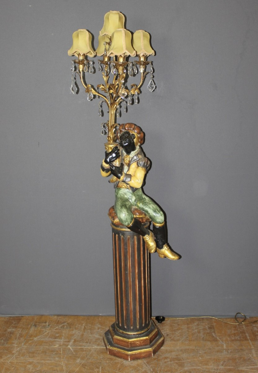 Nubien Porte Torchère en bois polychrome vers 1950