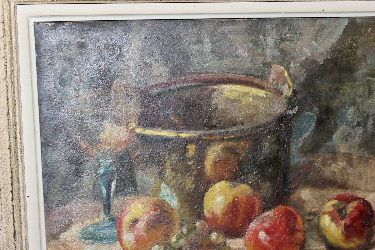 Huile sur panneau, "Cuivre aux pommes" vers 1940-photo-1