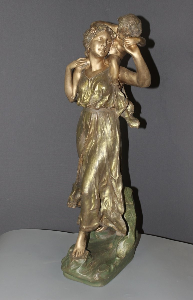 Terracotta, Mother And Child By Richard Aurili, Circa 1900-photo-6