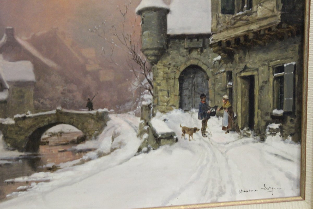 Oil On Canvas, Snow Landscape By Théodore Lesvigne, Late 19th Century-photo-2