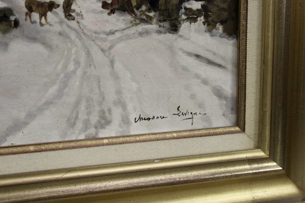 Oil On Canvas, Snow Landscape By Théodore Lesvigne, Late 19th Century-photo-3