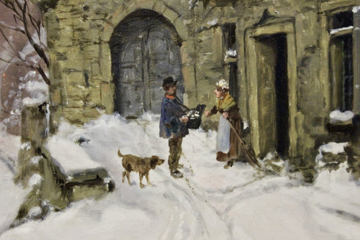 Oil On Canvas, Snow Landscape By Théodore Lesvigne, Late 19th Century-photo-4