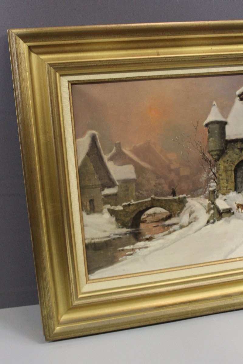 Oil On Canvas, Snow Landscape By Théodore Lesvigne, Late 19th Century-photo-2