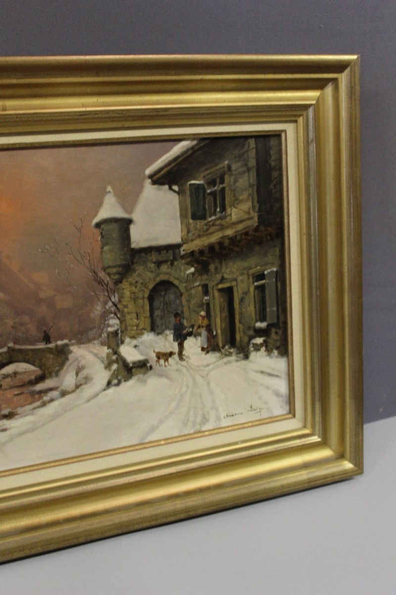 Oil On Canvas, Snow Landscape By Théodore Lesvigne, Late 19th Century-photo-3