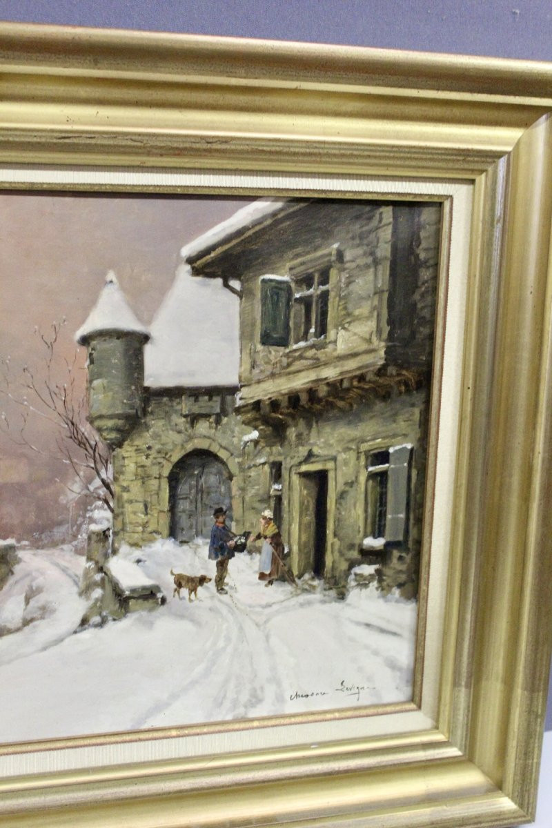 Oil On Canvas, Snow Landscape By Théodore Lesvigne, Late 19th Century-photo-5