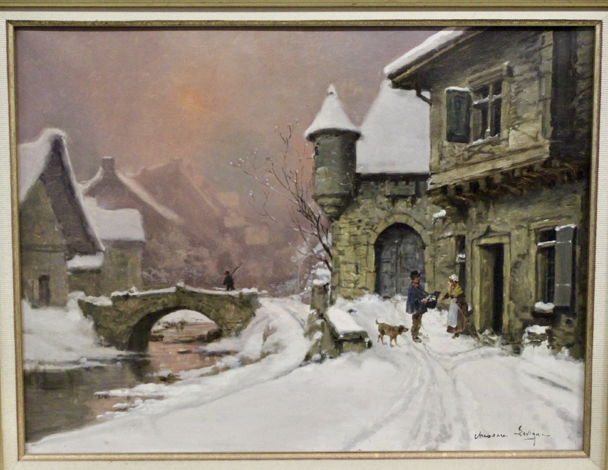 Oil On Canvas, Snow Landscape By Théodore Lesvigne, Late 19th Century-photo-6