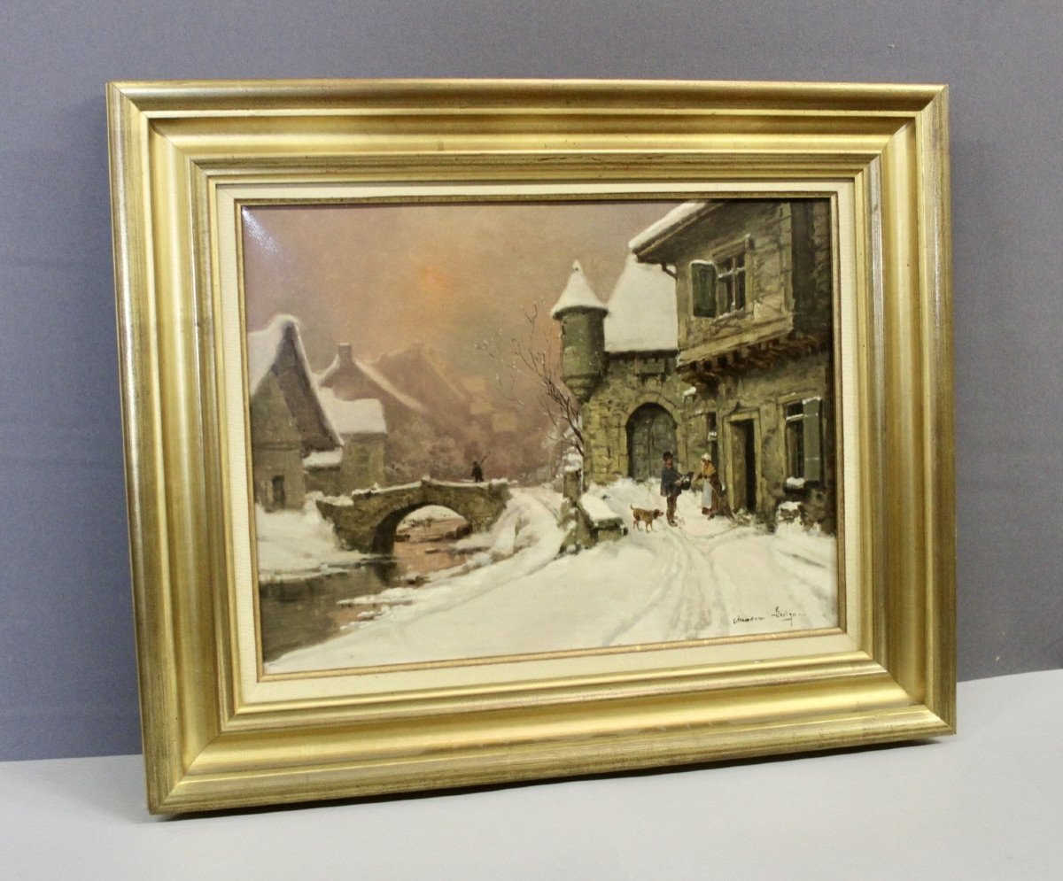 Oil On Canvas, Snow Landscape By Théodore Lesvigne, Late 19th Century-photo-7