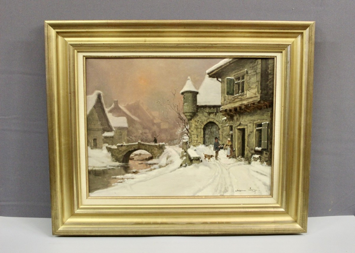 Oil On Canvas, Snow Landscape By Théodore Lesvigne, Late 19th Century