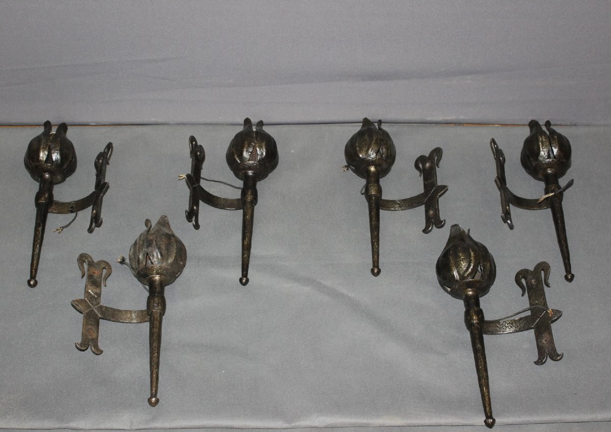 Set Of Six Medieval Style Wrought Iron Wall Sconces Signed Reboulet-photo-2