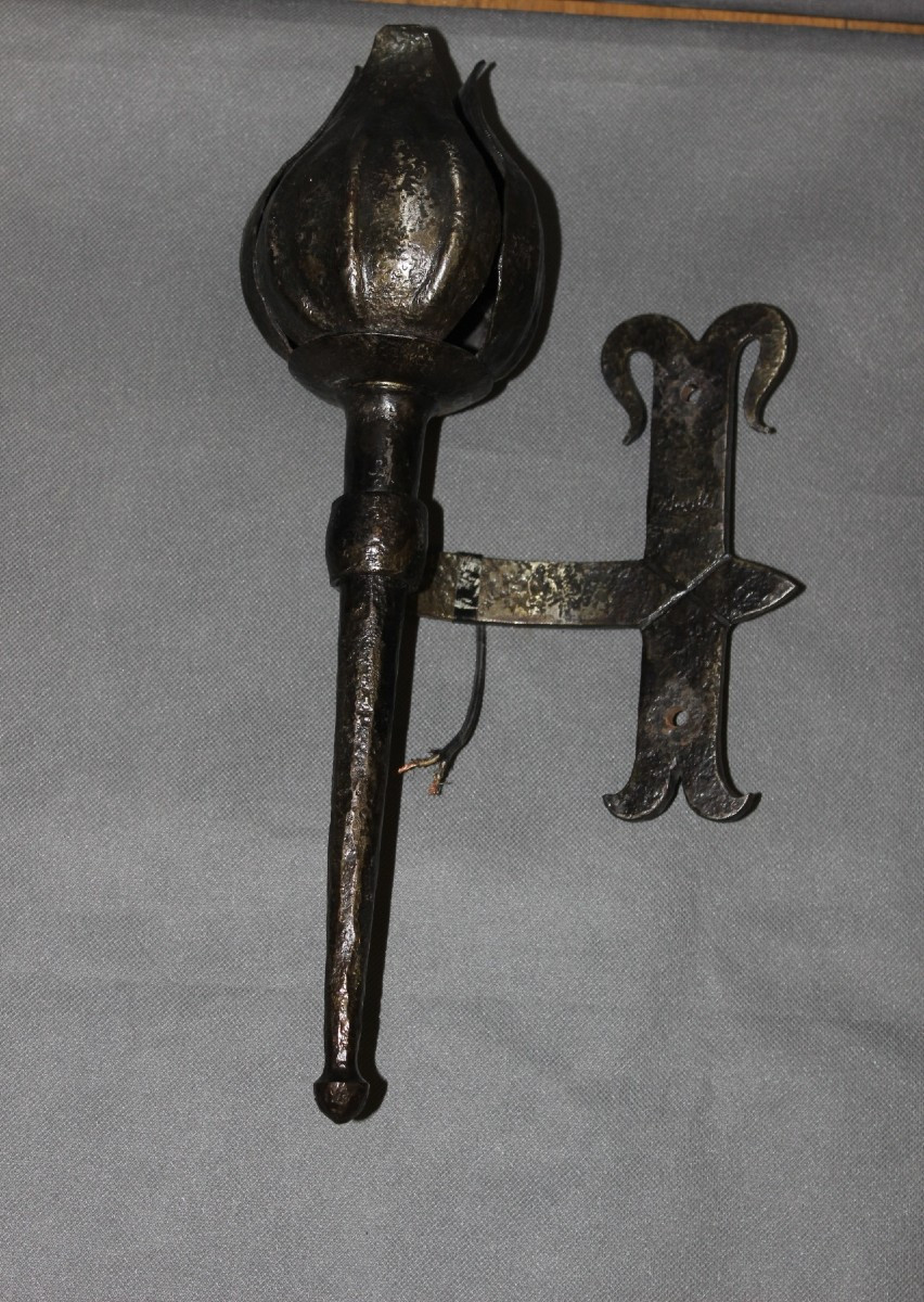 Set Of Six Medieval Style Wrought Iron Wall Sconces Signed Reboulet