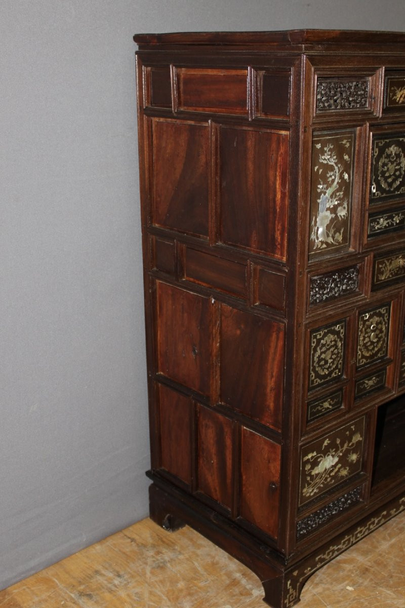 Indochinese Cabinet In Mother-of-pearl Marquetry, Late 19th Century-photo-4