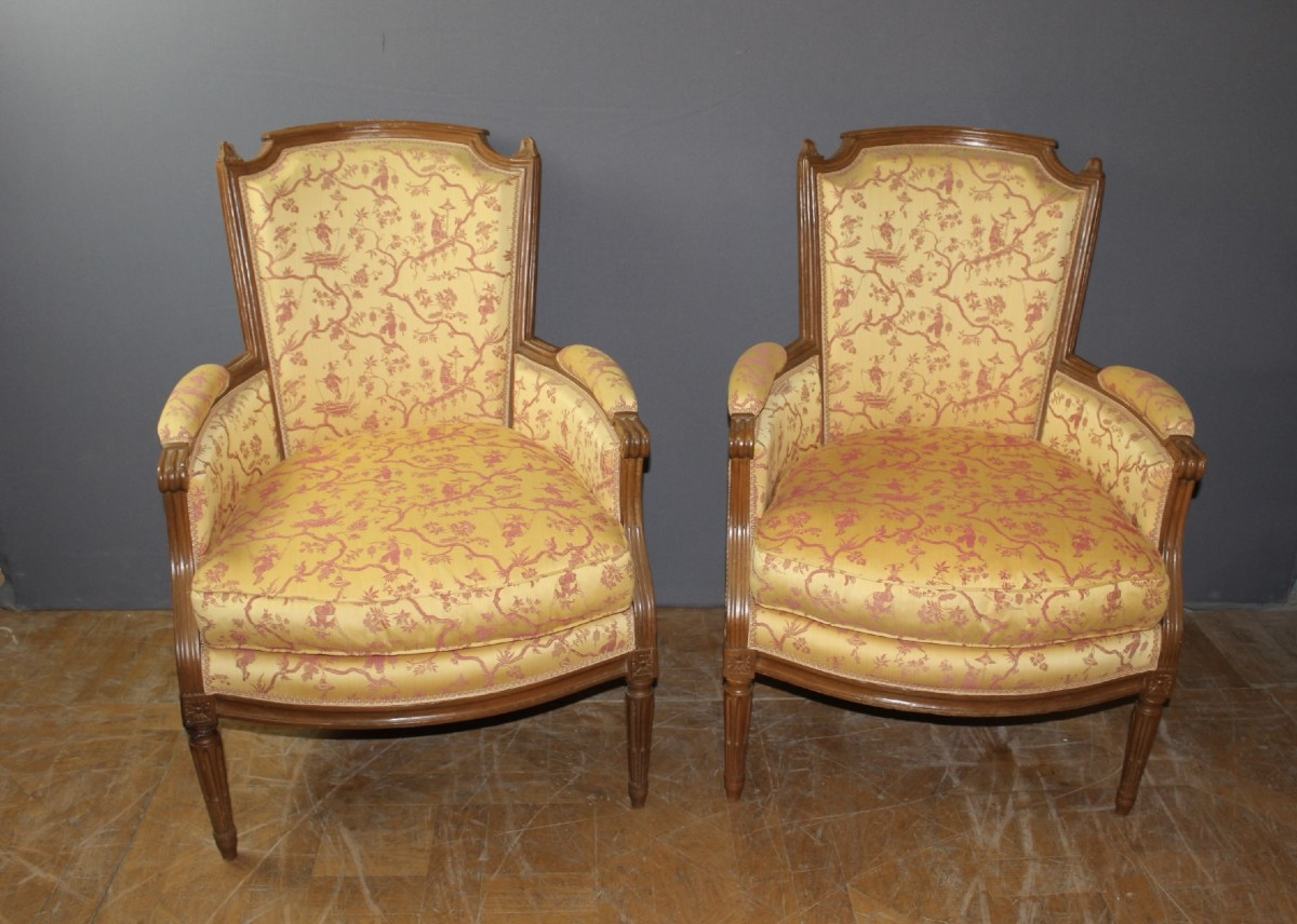 Pair Of Louis XVI Bergère Armchairs In Late 18th-century Walnut