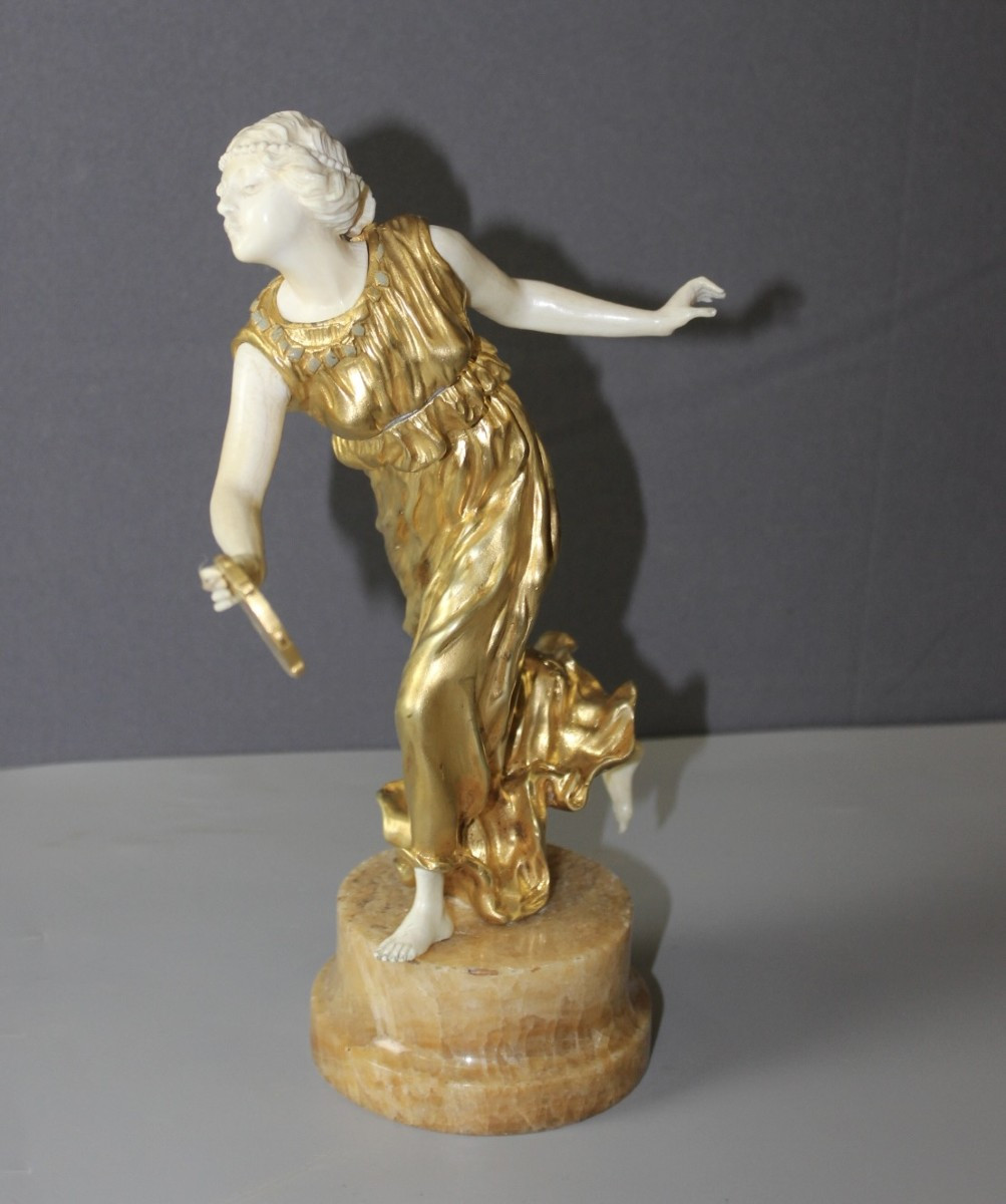 Chryselephantine Sculpture Of A Woman With A Tambourine By Affortunato Gori 