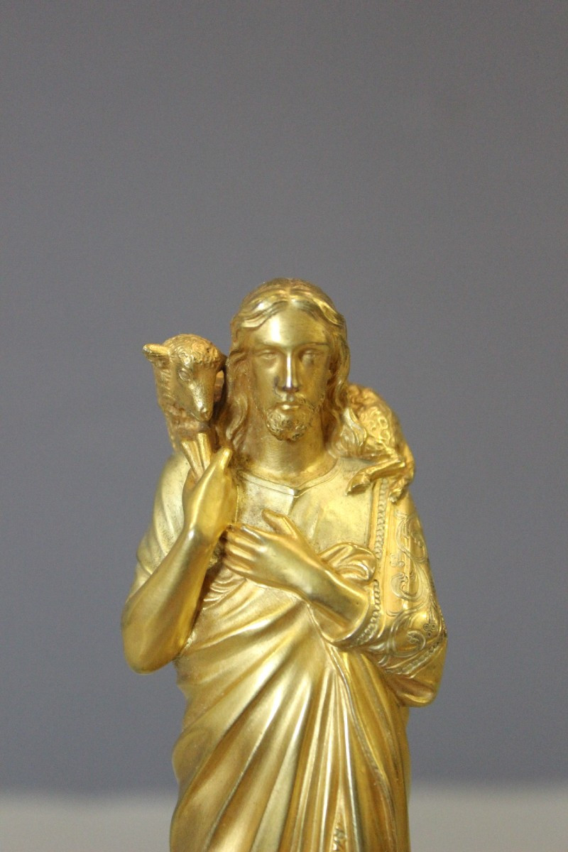 Sculpture du Christ Bon Pasteur en Bronze Doré vers 1900-photo-2