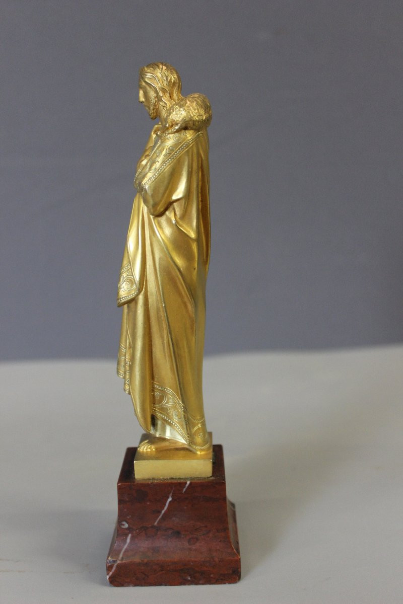 Sculpture du Christ Bon Pasteur en Bronze Doré vers 1900-photo-1