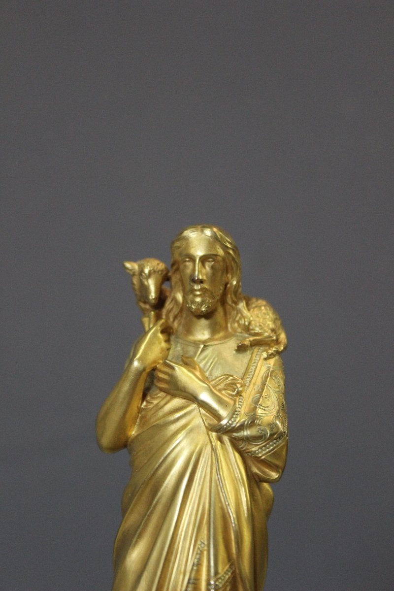 Sculpture du Christ Bon Pasteur en Bronze Doré vers 1900-photo-5