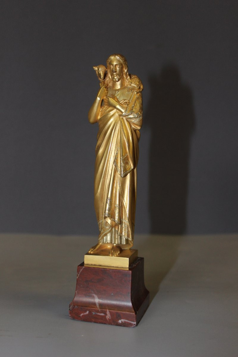 Sculpture du Christ Bon Pasteur en Bronze Doré vers 1900-photo-8