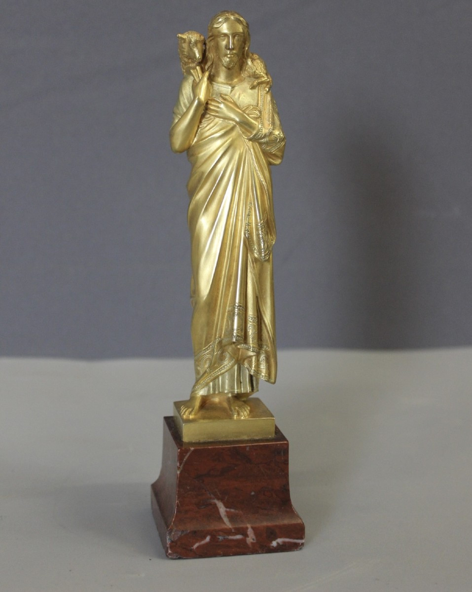 Sculpture du Christ Bon Pasteur en Bronze Doré vers 1900