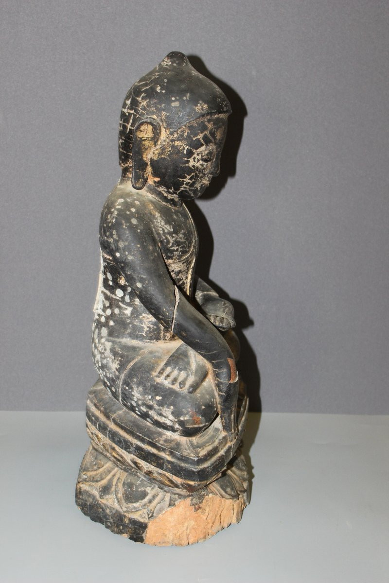 Bouddha en bois laqué Noir Birmanie fin XVIIIe-photo-3