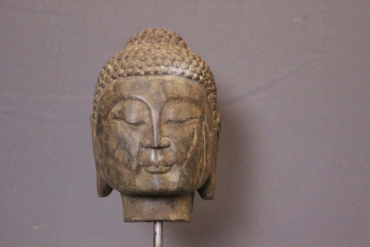 Tête de Bouddha en Pierre XIX-photo-2