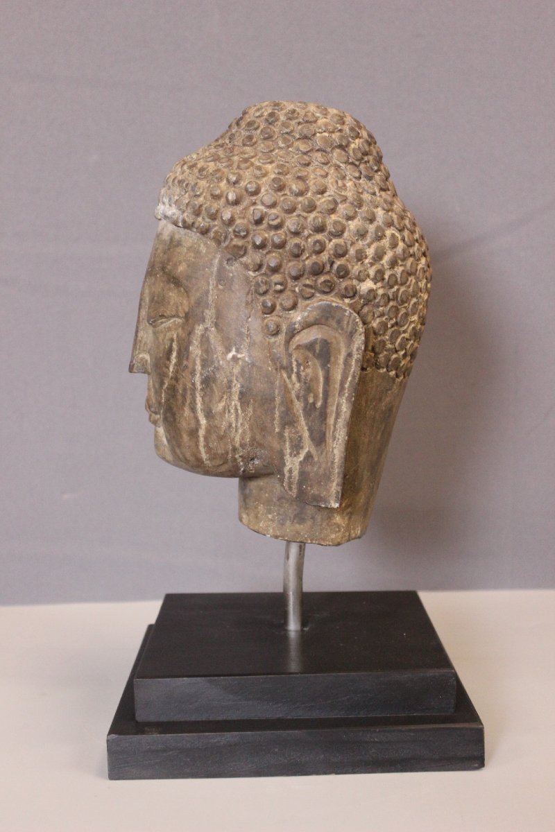 Tête de Bouddha en Pierre XIX-photo-3