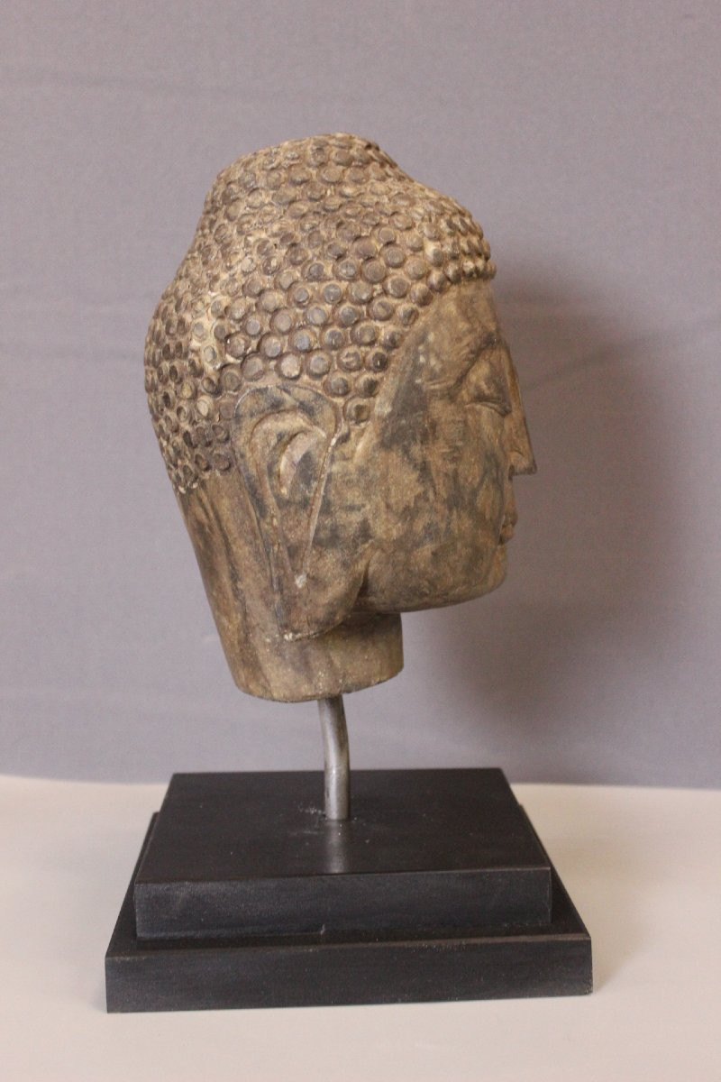 Tête de Bouddha en Pierre XIX-photo-1