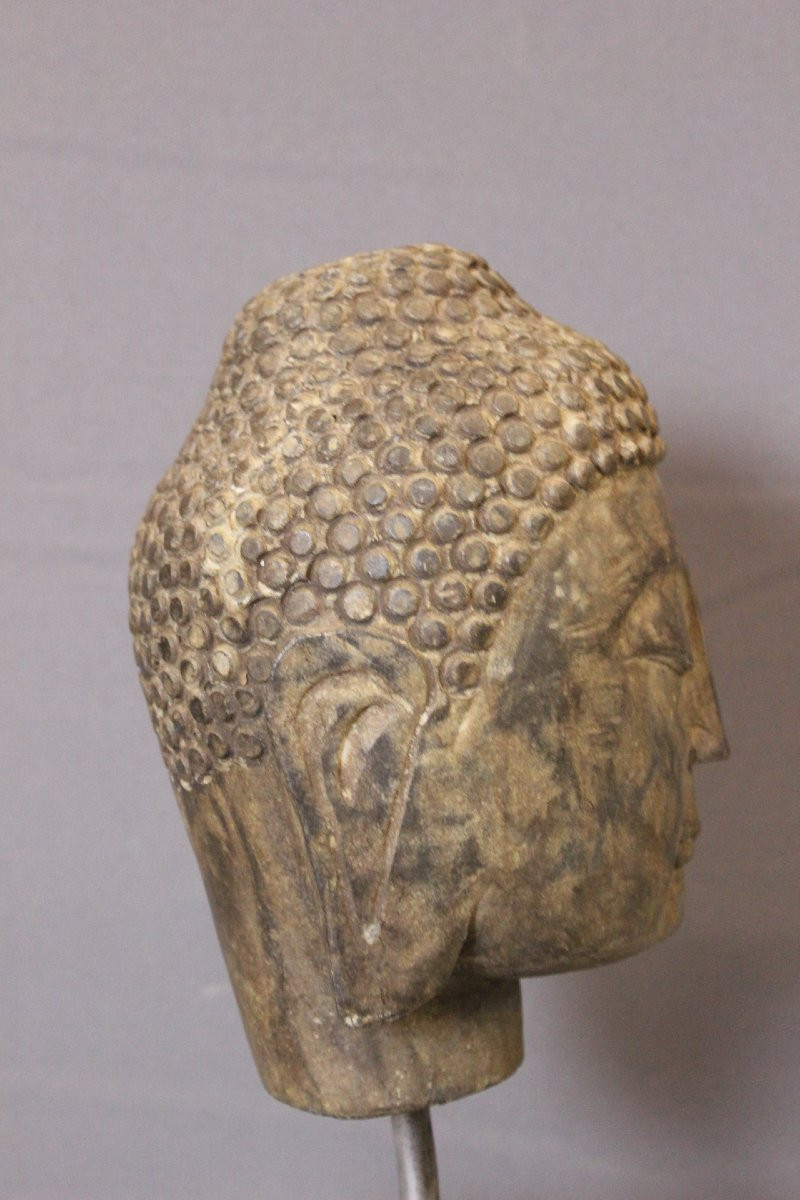 Tête de Bouddha en Pierre XIX-photo-2