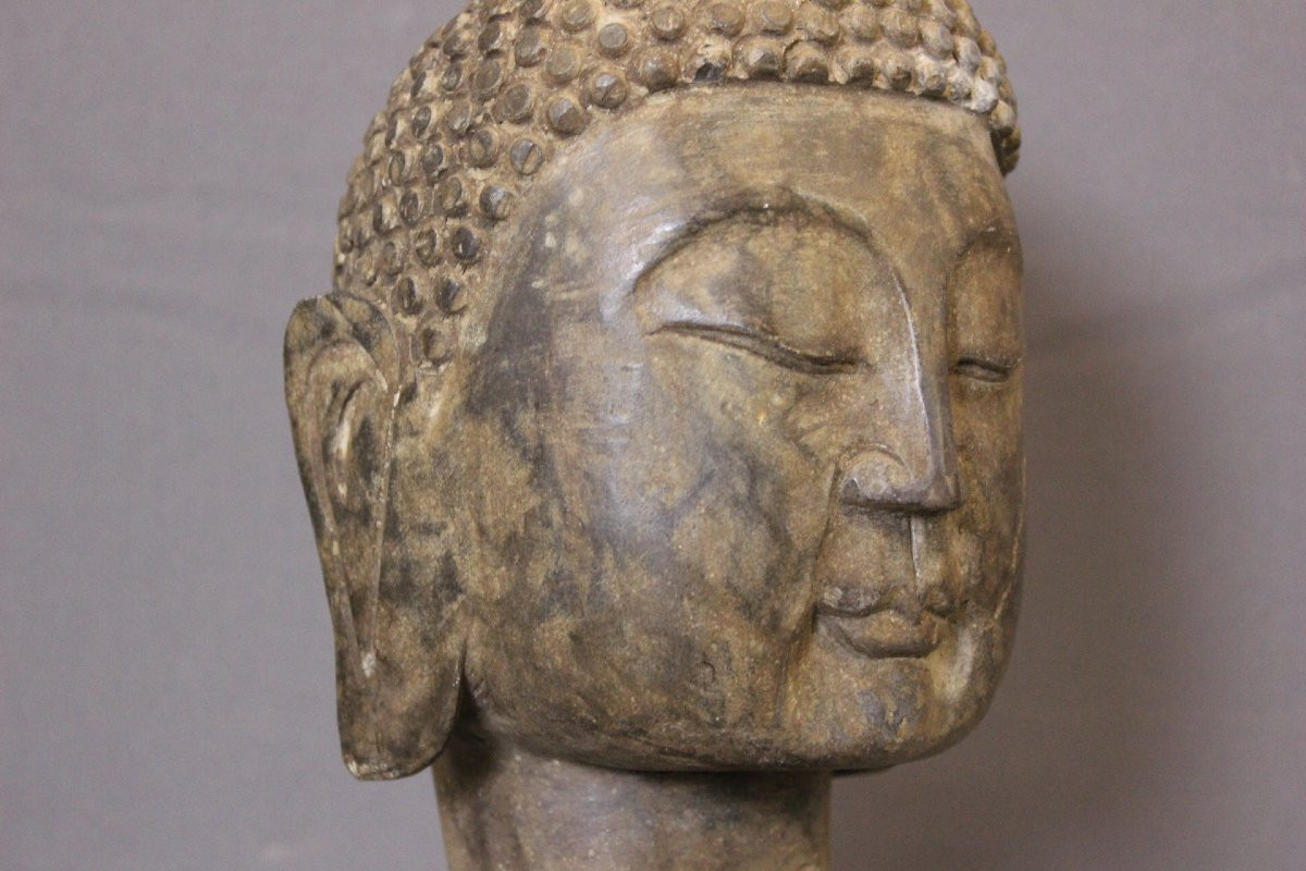 Tête de Bouddha en Pierre XIX-photo-3