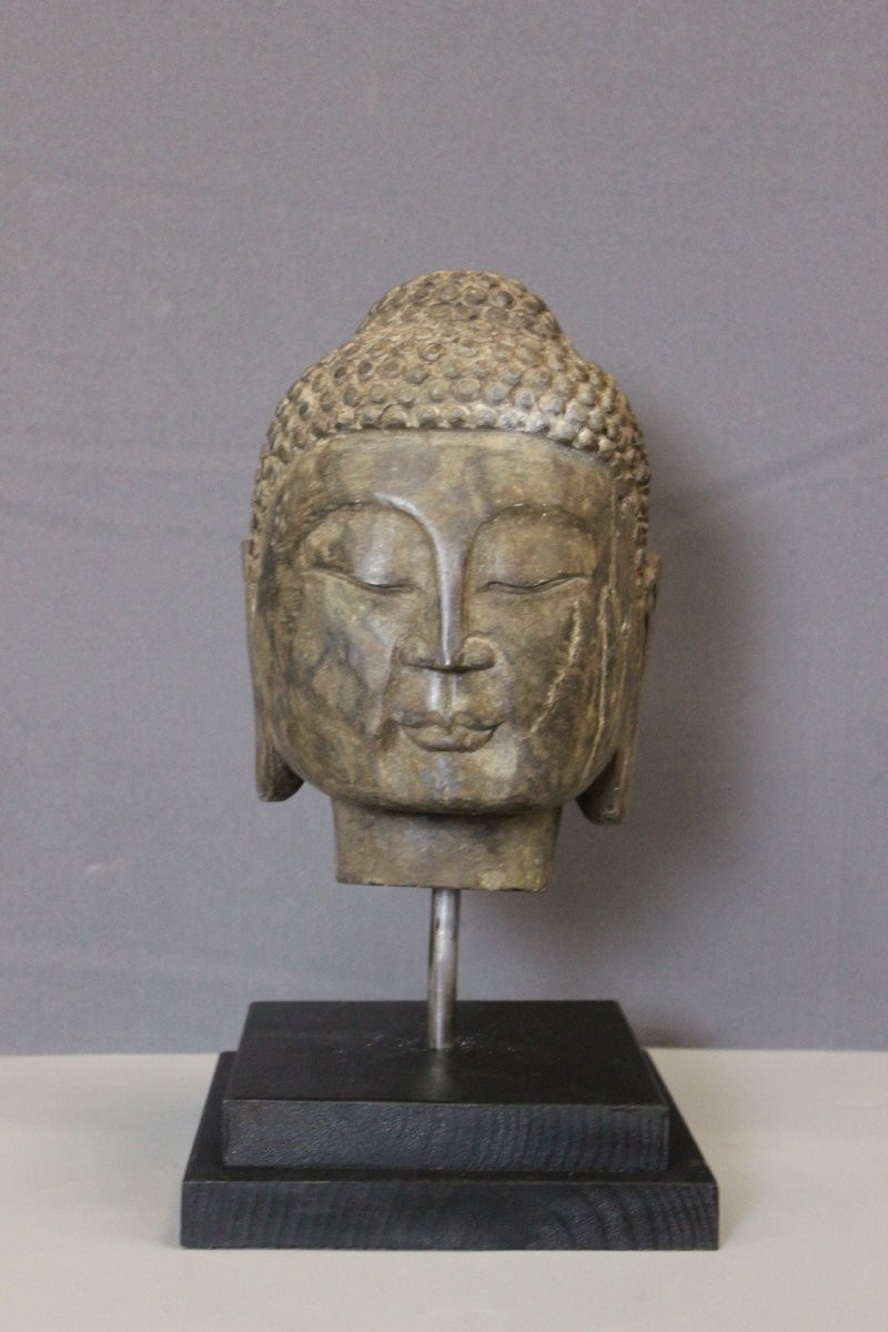 Tête de Bouddha en Pierre XIX-photo-7