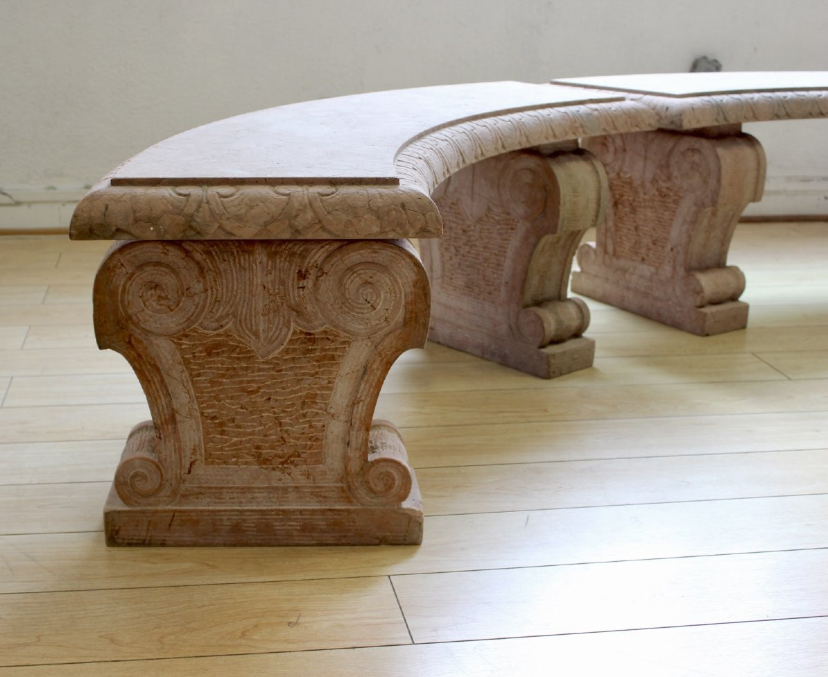 Paire de Bancs de Jardin en Marbre Rose Perlino XX-photo-4