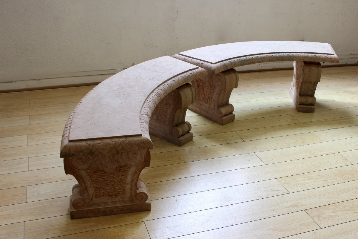 Paire de Bancs de Jardin en Marbre Rose Perlino XX-photo-5