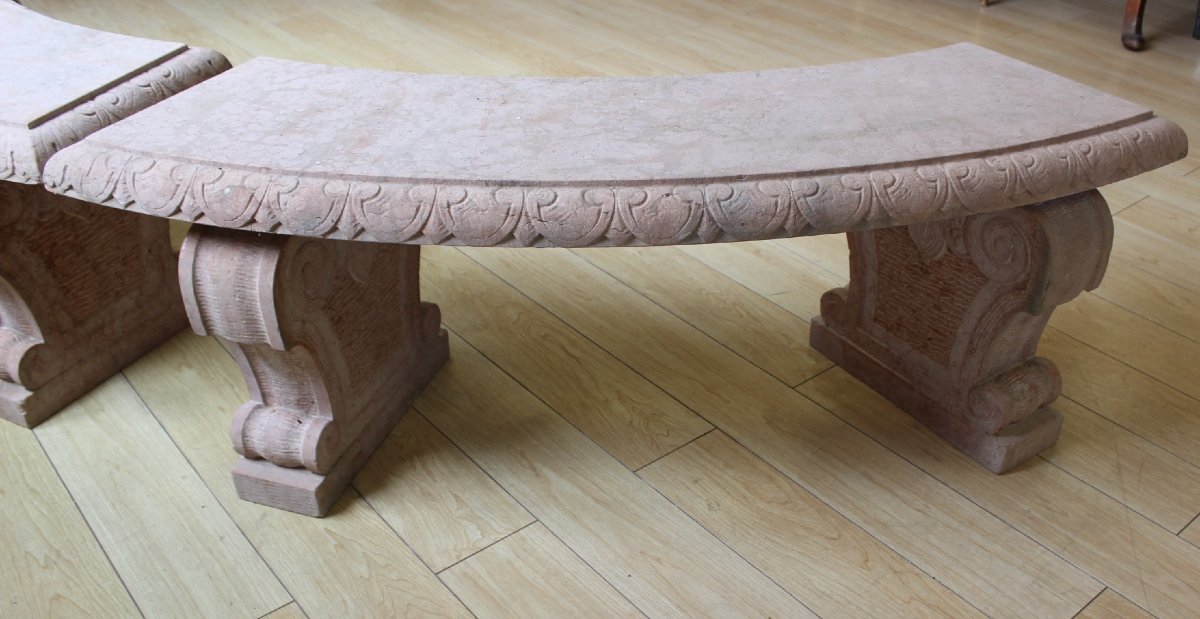 Paire de Bancs de Jardin en Marbre Rose Perlino XX-photo-7