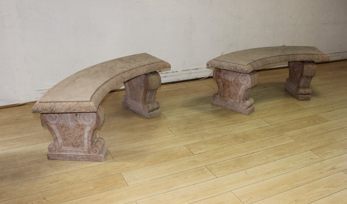 Paire de Bancs de Jardin en Marbre Rose Perlino XX-photo-8