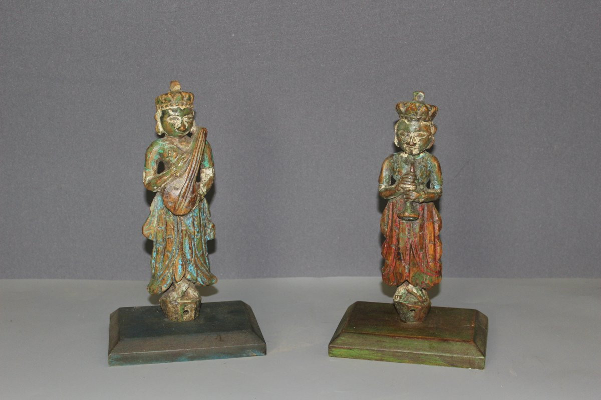 Paire de Sculptures en Bois Polychrome , Inde du Nord XIX-photo-8