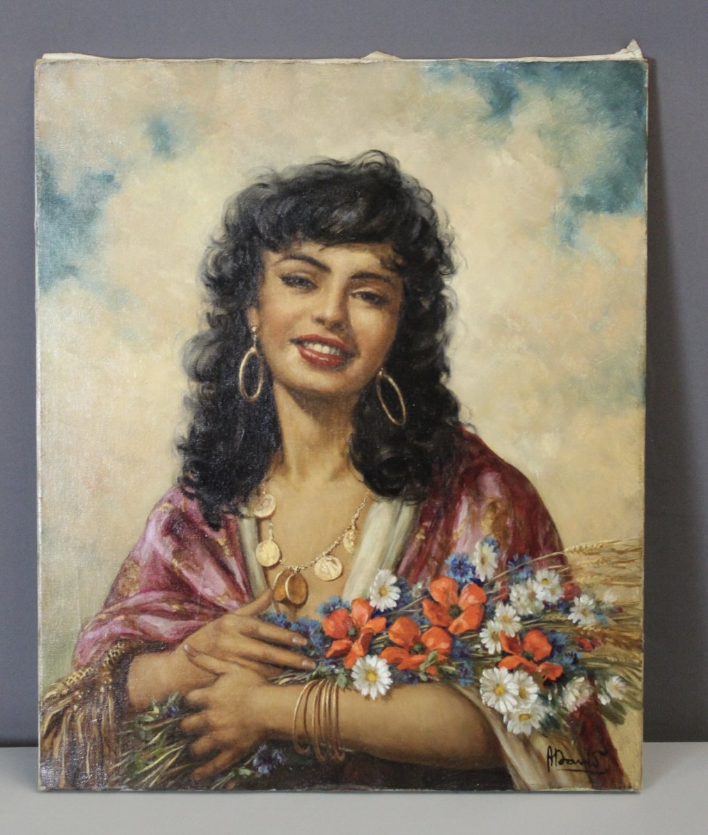 Huile sur Toile "La Gitane Au Bouquet "par David