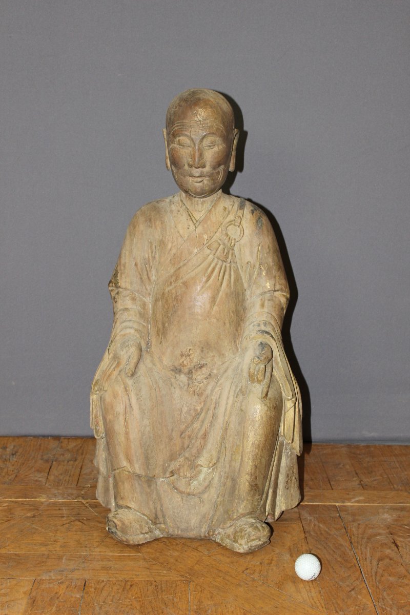  Carved Wooden Seated Chinese Monk, Height 80 Cm, Circa 1900-photo-2