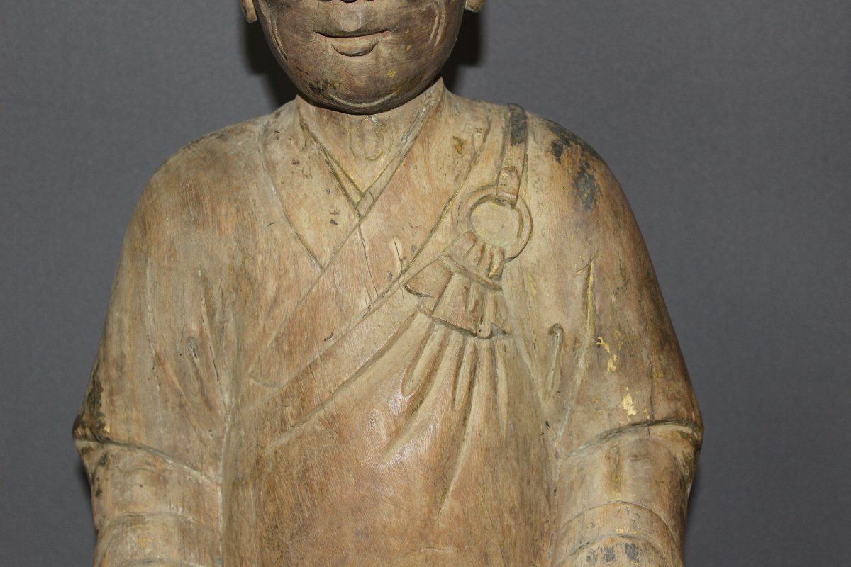  Carved Wooden Seated Chinese Monk, Height 80 Cm, Circa 1900-photo-3
