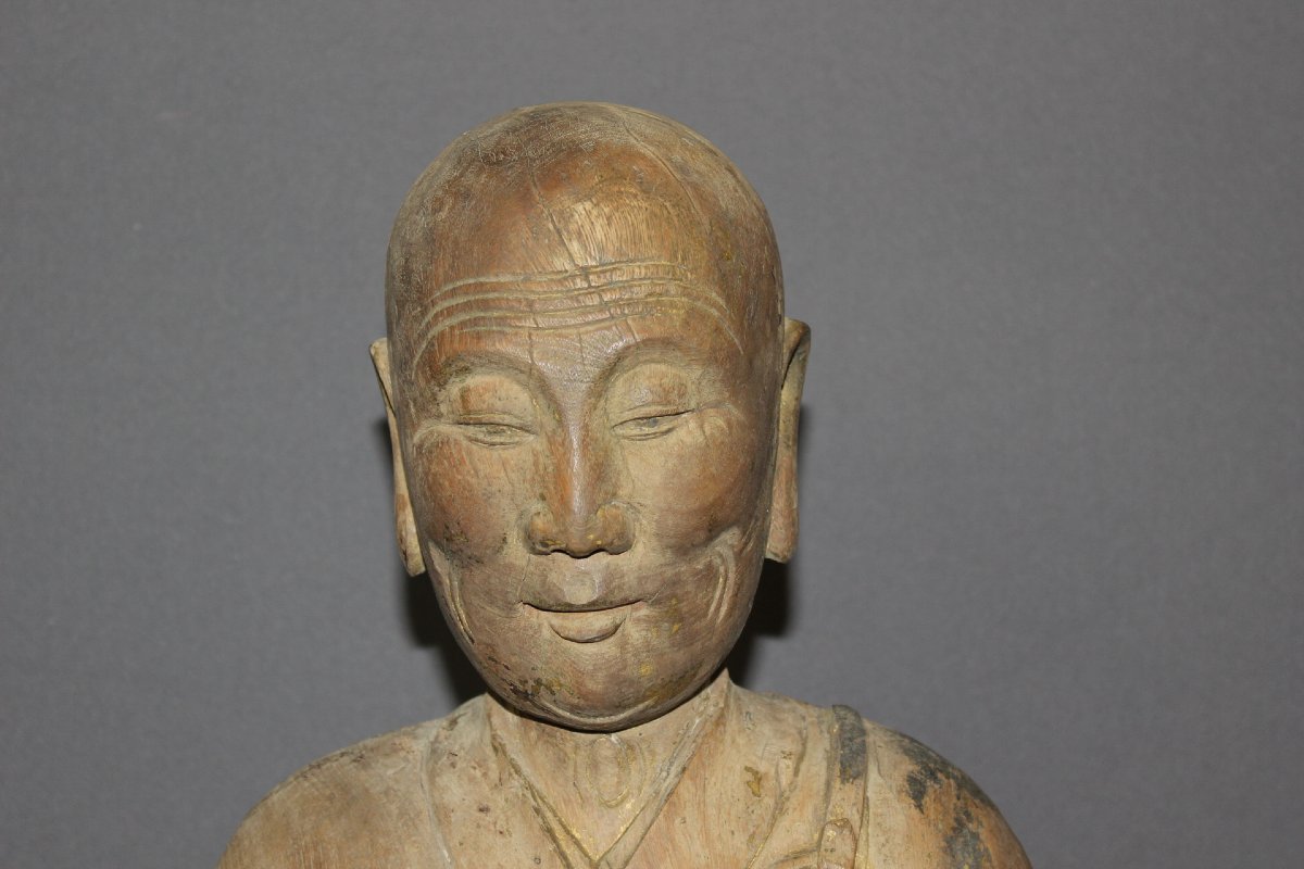 Carved Wooden Seated Chinese Monk, Height 80 Cm, Circa 1900-photo-4