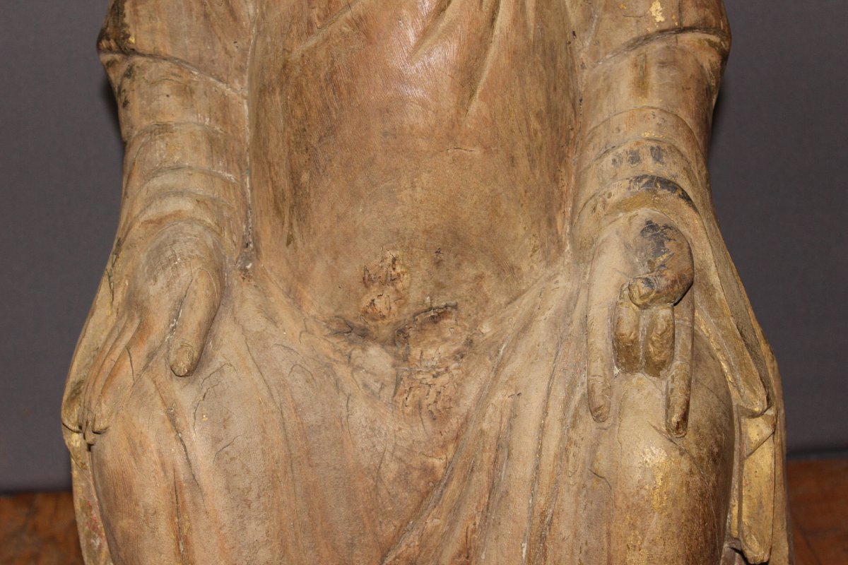 Carved Wooden Seated Chinese Monk, Height 80 Cm, Circa 1900-photo-1