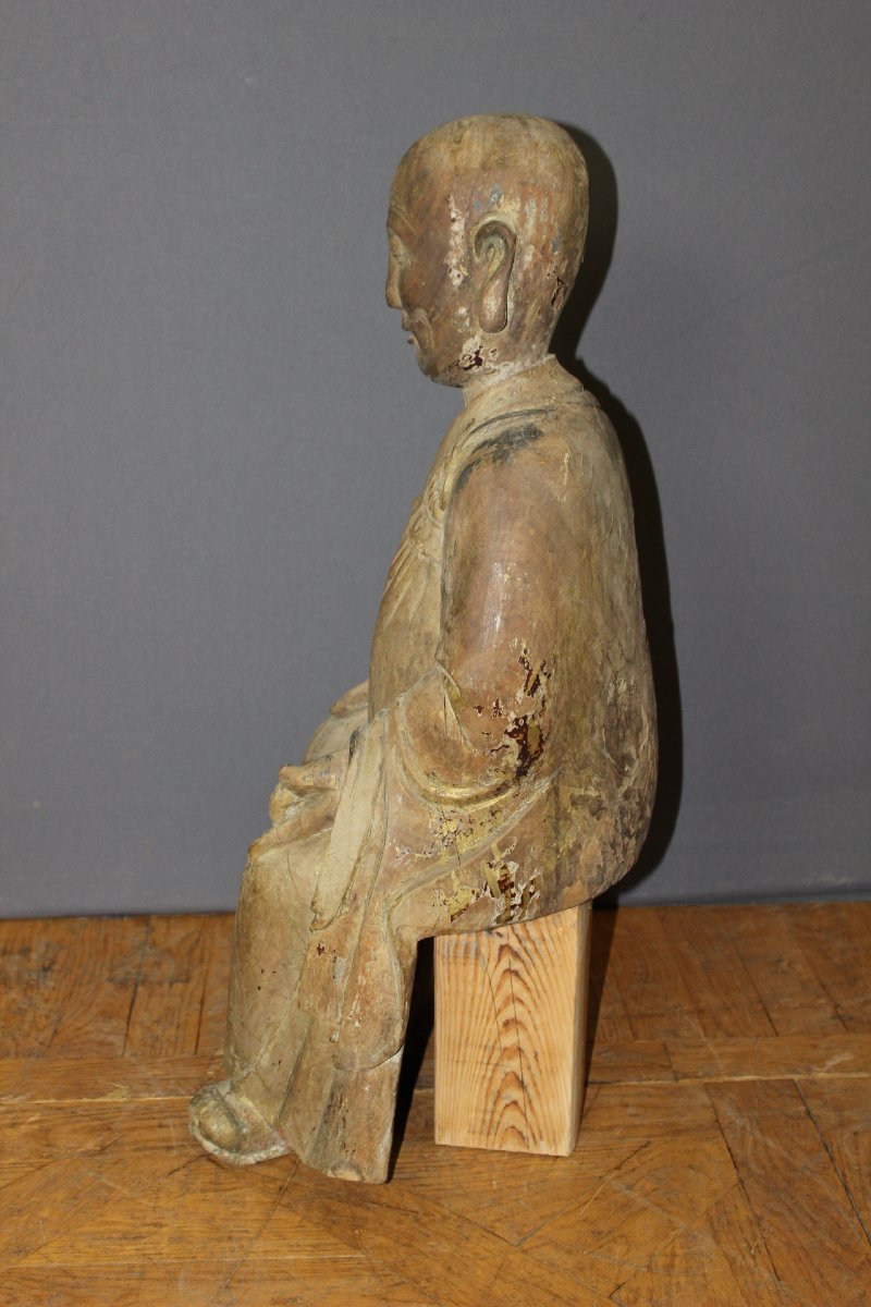  Carved Wooden Seated Chinese Monk, Height 80 Cm, Circa 1900-photo-3