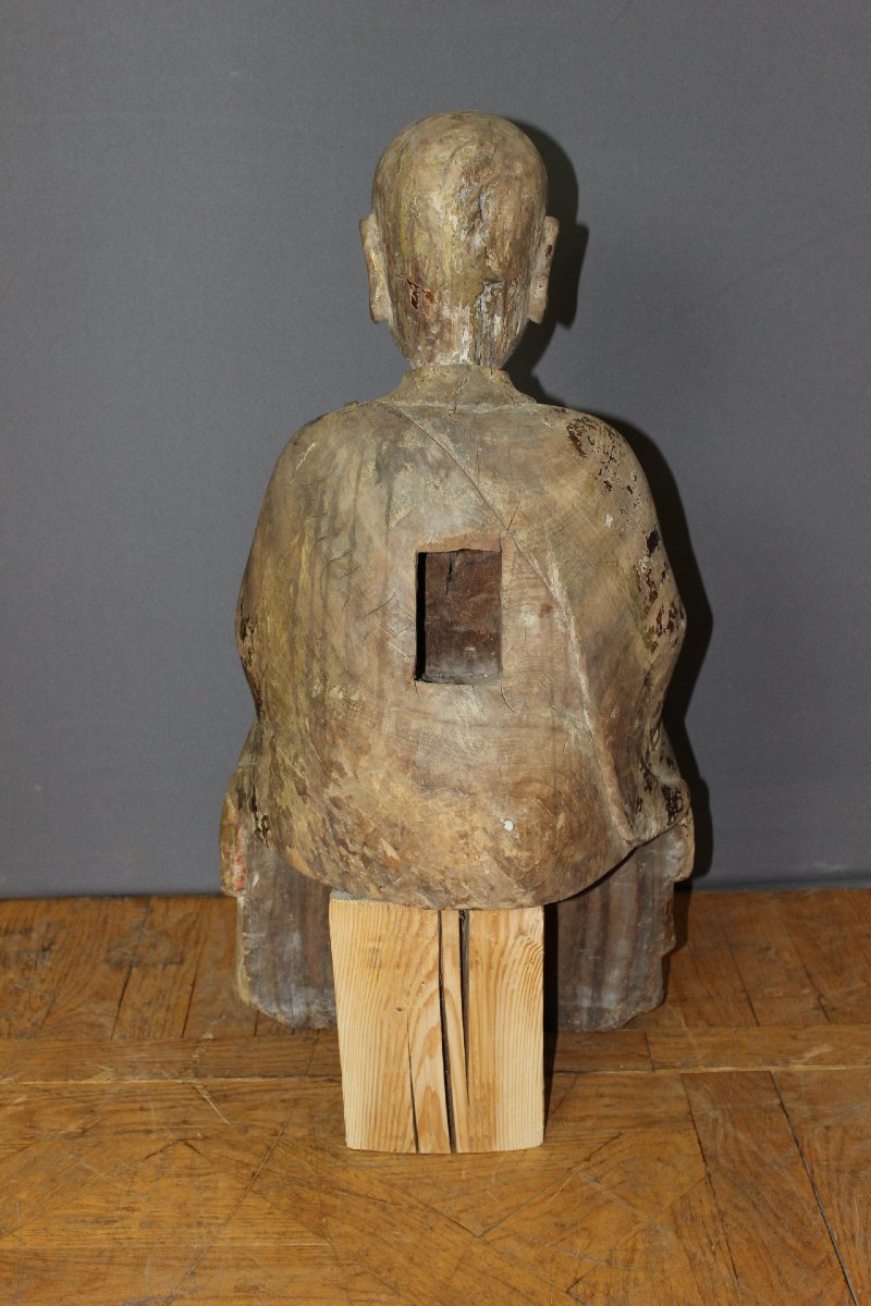  Carved Wooden Seated Chinese Monk, Height 80 Cm, Circa 1900-photo-5