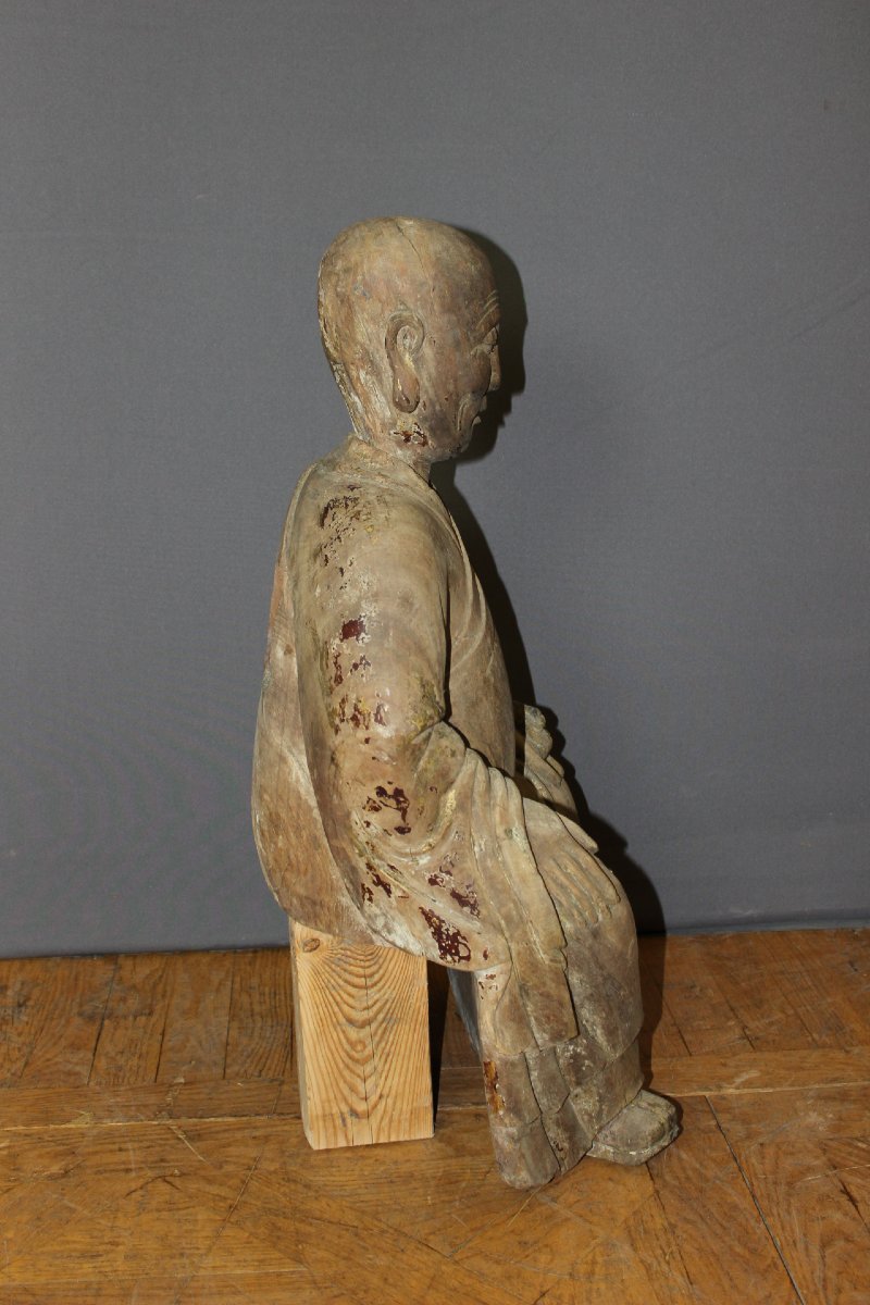  Carved Wooden Seated Chinese Monk, Height 80 Cm, Circa 1900-photo-6