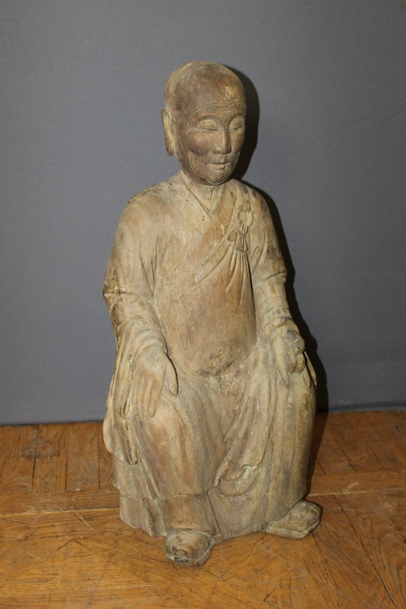  Carved Wooden Seated Chinese Monk, Height 80 Cm, Circa 1900-photo-7