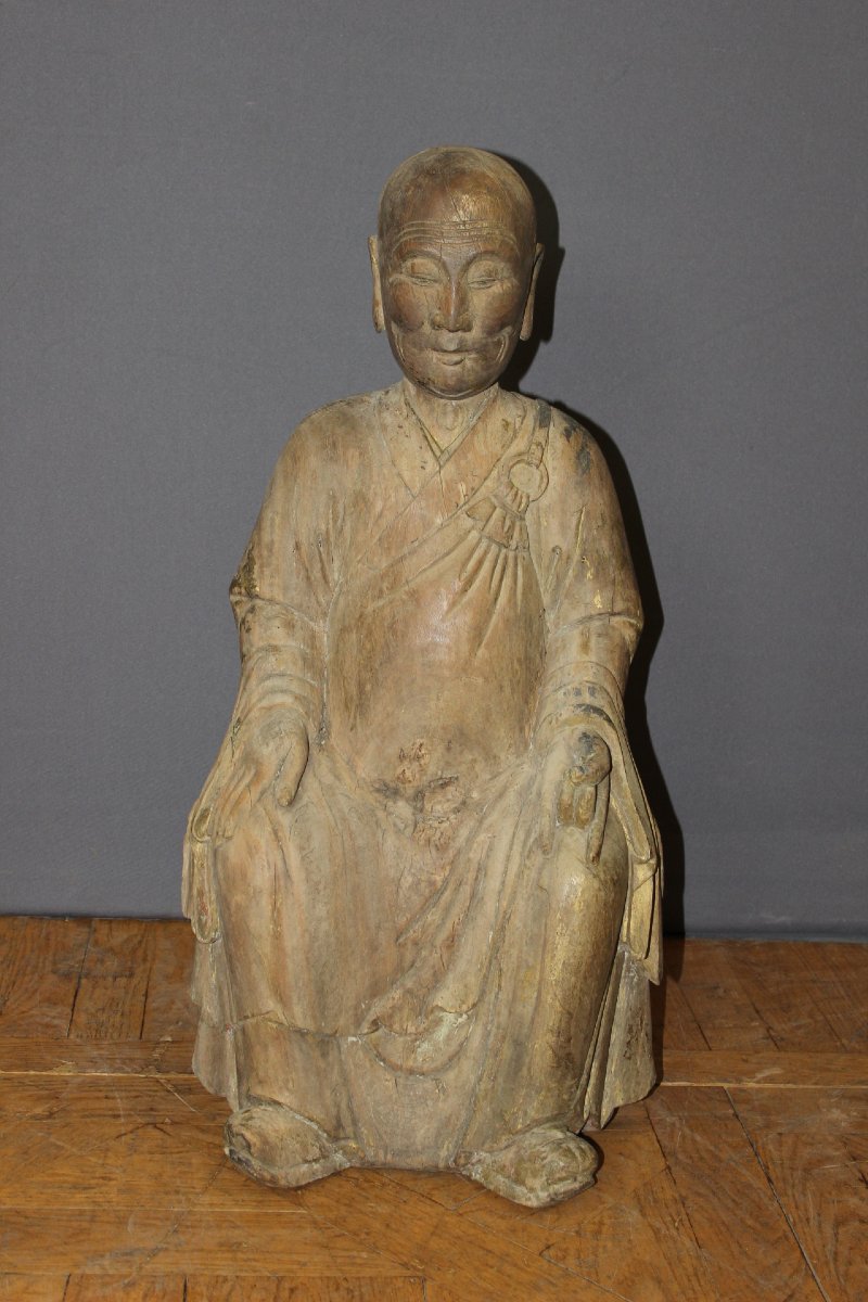  Carved Wooden Seated Chinese Monk, Height 80 Cm, Circa 1900